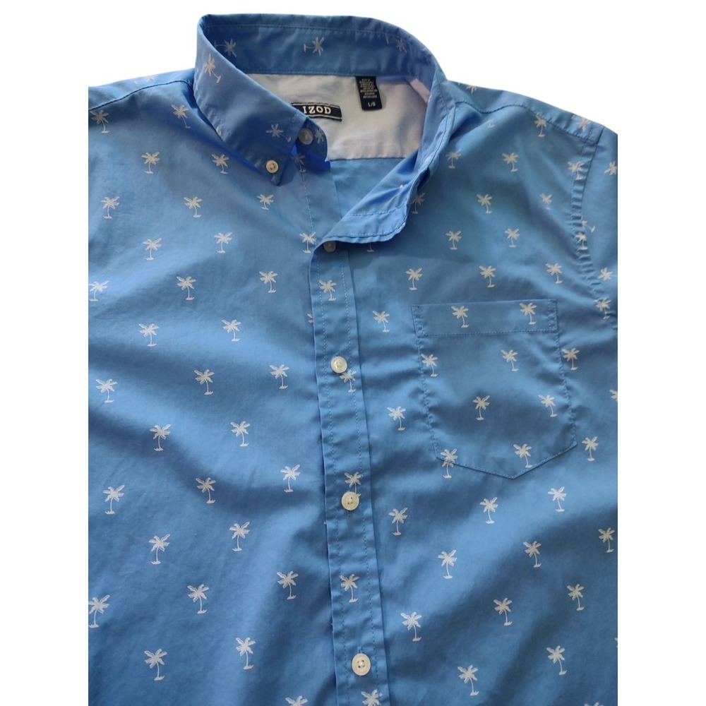 Izod Button Up Front Shirt Short Sleeve Light Blue Palm Tree Tropical Mens Large